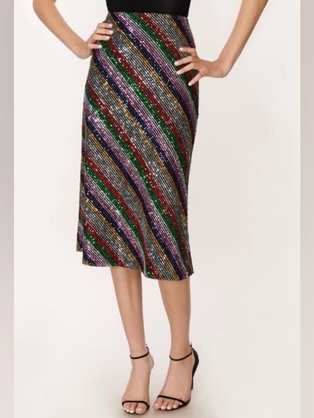Milly Rainbow Multicolored Stripe Sequin Bias Skirt Midi Size XS Glam Party